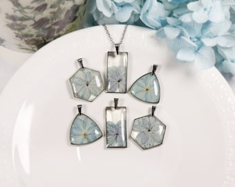 Blue Hydrangea Dainty Resin Necklace