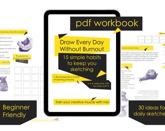 Op de afbeelding: Een digitale tablet met een PDF-werkboek getiteld Draw Every Day Without Burnout, 15 simple habits to keep you sketching. Het scherm bevat gele en zwarte tekstvakken, een lijst met 30 ideeën, een plan van 4 weken en schetsen van een kat en een slak.