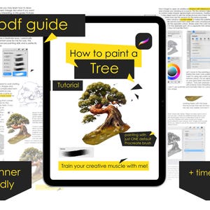 Puede incluir: Un tutorial de arte digital en una tableta, titulado "How to paint a Tree". Presenta una ilustración detallada de un árbol. La guía es apta para principiantes e incluye una guía en PDF y un vídeo time-lapse.