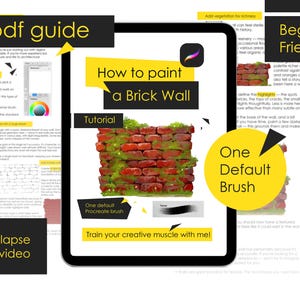 Puede incluir: Un iPad muestra un tutorial de arte digital sobre cómo pintar una pared de ladrillos, con el texto "How to paint a Brick Wall". El tutorial incluye una guía en PDF, un vídeo time-lapse y utiliza un pincel predeterminado. La imagen es apta para principiantes.