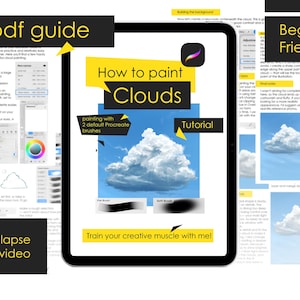 Pode incluir: Um tutorial de arte digital em uma tela de tablet, ensinando a pintar nuvens. O tutorial inclui um guia passo a passo, um vídeo em lapso de tempo e é adequado para iniciantes. A imagem apresenta um céu azul com nuvens brancas fofas.