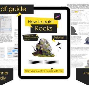 Puede incluir: Un tutorial de arte digital en una pantalla de tableta, titulado "How to paint Rocks". La imagen presenta una ilustración detallada de una formación rocosa, con texto que indica que utiliza pinceles Procreate. El texto adicional incluye "pdf guide", "Beginner Friendly" y "+ timelapse video".