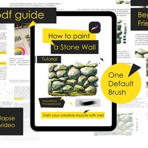 May include: A digital tablet displaying a tutorial titled How to paint a Stone Wall. The screen features a Procreate icon, a stone wall illustration, text labels including pdf guide, Beginner Friendly, One Default Brush, and + timelapse video.