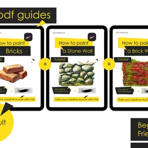 以下が含まれることがあります： How to paint Bricks、How to paint a Stone Wall、How to paint a Brick Wallというタイトルの3つのデジタルPDFガイド。各ガイドには、Procreateアイコン、チュートリアルラベル、サンプルイラスト、およびTrain your creative muscle with meというテキストが含まれています。
