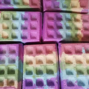 Rainbow waffle bath bomb birthday gift natural fun for kids handmade, vegan friendly bath fizz cruelty free image 5