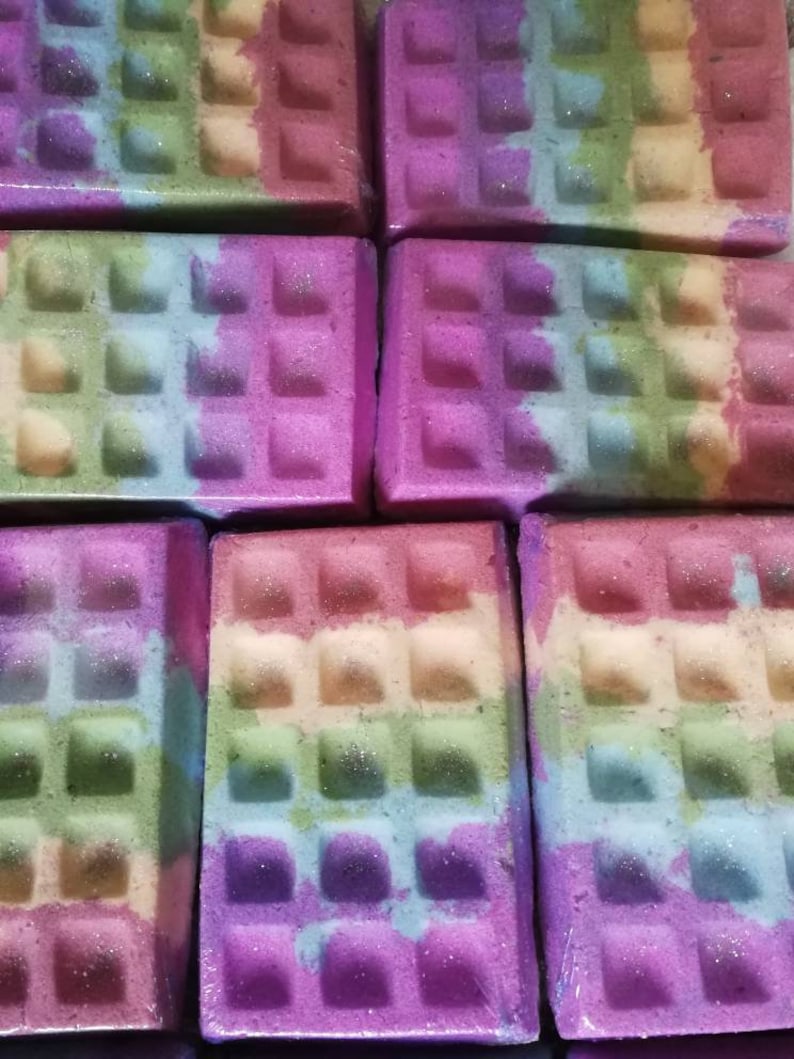 Rainbow waffle bath bomb birthday gift natural fun for kids handmade, vegan friendly bath fizz cruelty free image 5