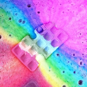 Rainbow waffle bath bomb birthday gift natural fun for kids handmade, vegan friendly bath fizz cruelty free image 1