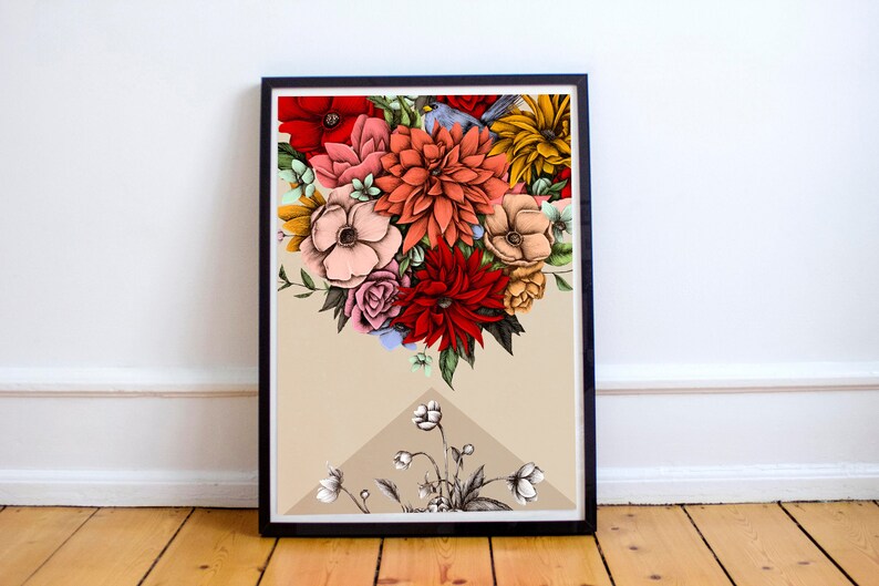 May include: A framed print of a colorful floral bouquet bursting out of a brown envelope. The flowers are red, pink, yellow, and blue. A small blue bird is perched on top of the bouquet.