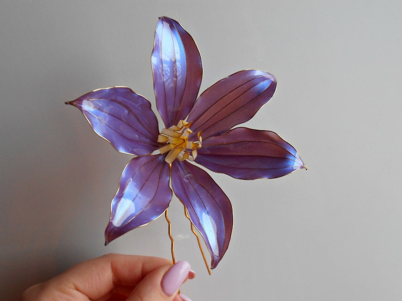Bridal purple clematis flower hair pin dip flower luxury wedding bridesmaid accessories from epoxy