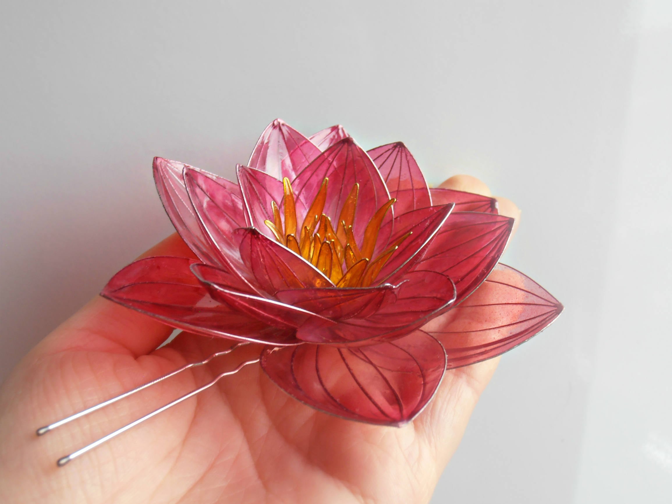 Lotus flower hair pin with swarowski crystal kanzashi pink Etsy