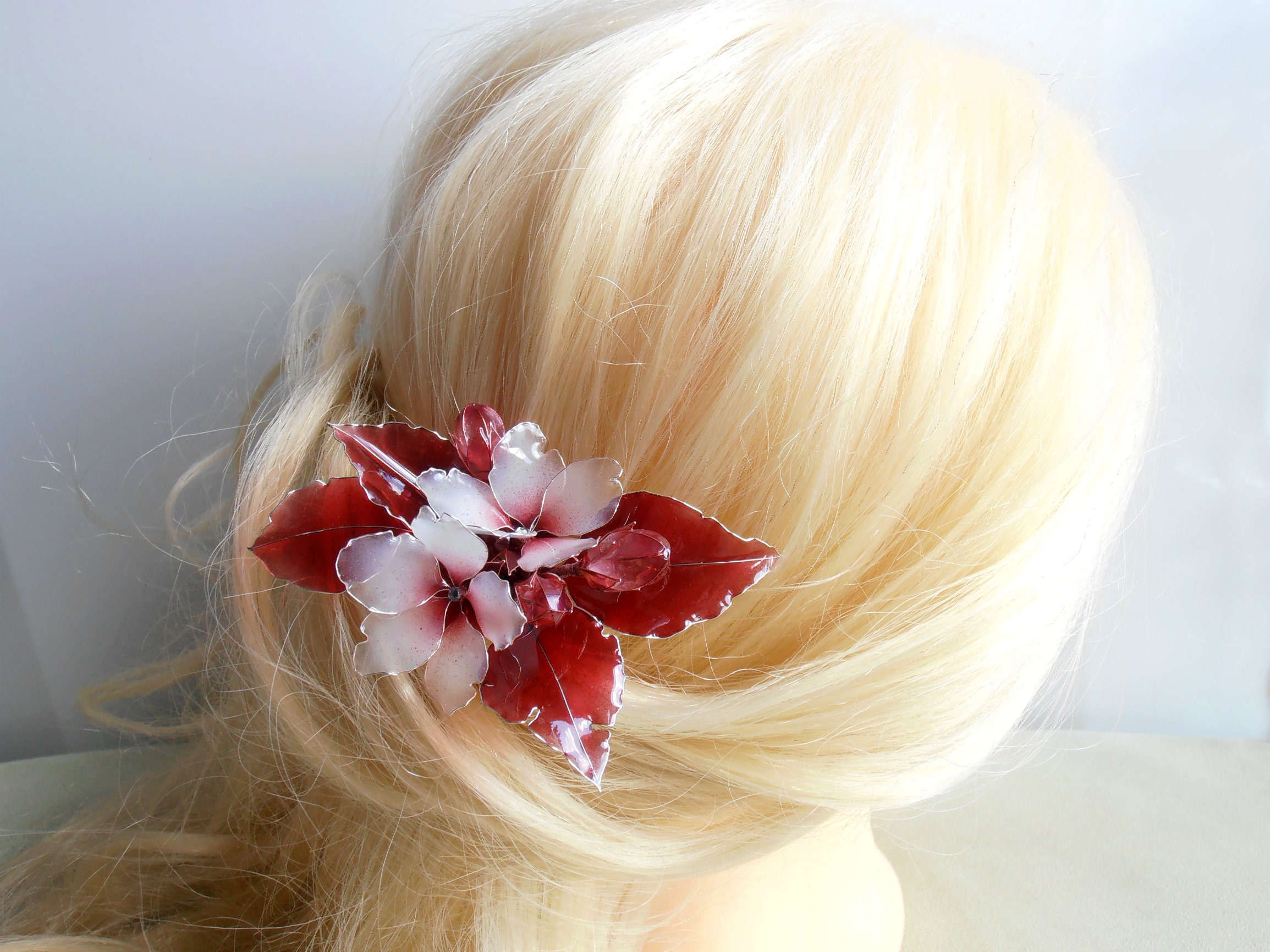 Red sakura hair pin cherry blossom flower hair clip Etsy