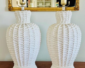 Faux Woven Rattan Plaster Lamps in White - Pair