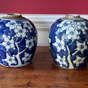 Pair 6" Tall Blue and White Chinoiserie Cherry Blossum Ginger Jars