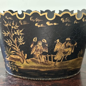Black with Gold Accents Painted Tole Toleware Chinoiserie Cachepot with Ring Handles