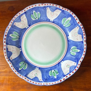 Vintage Solimene Vietri Chicken Platter 13 1/2&quot;, Italian Pottery Platter Blue with Red Dot Border