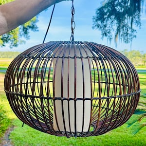 Bohemian 1970s Rattan Cage Pendant Chandelier With Interior Shade