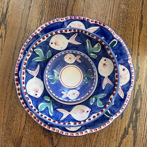 Vintage Solimene Vietri Fish Pottery Platter Set: Hand-Painted Italian Bowls