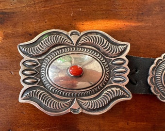 Rare Vintage Native American Navajo Coral Sterling Silver Hand Repoussed Concho Belt Rare Vintage Native American Navajo Coral Sterling Silver Hand Repoussed Concho Belt
