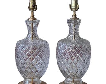 Vintage French Cut Crystal Table Lamps - Set of 2 Brass Base Accent Lamps
