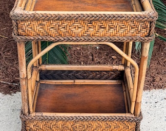Vintage Bamboo Wicker Rattan 2-Tier Table Stand Occasional Table
