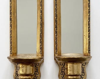 Vintage Italian Giltwood Mirrored Sconces Hand Carved Pair