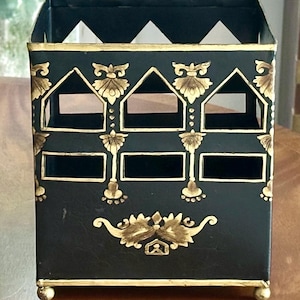 Black with Gold Accents Painted Tole Toleware Chinoiserie Cachepot with Button Feet