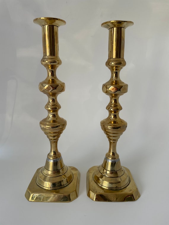 Pair 12 Diamond and Beehive Push-up Brass Candlesticks, England