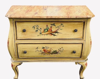 Vintage Lack Verzierte Italienische Chinoiserie Stil Bombe Kommode