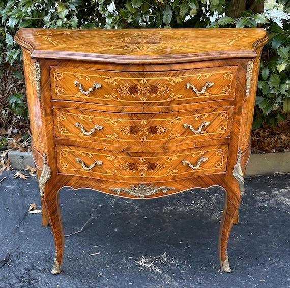 Antique French Louis XV Style Chest: Marquetry & Brass Bronze Mounts