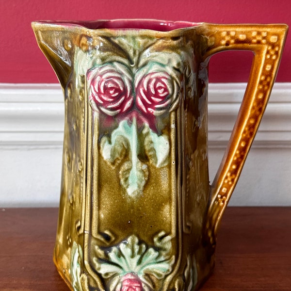 Art Nouveau Majolica Pitcher, Antique French Water Jug with Rose Flowers by Frie Onnaing