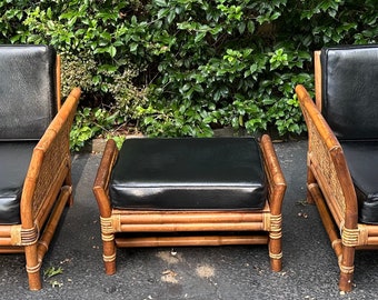 Pair 1960s Bamboo and Woven Rattan Armchairs With Ottoman