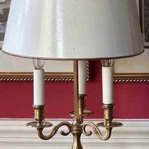 French Antique Brass Bouillotte Lamp With White Tole Shade