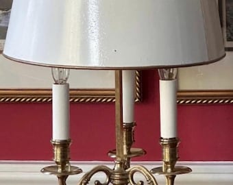 French Antique Brass Bouillotte Lamp With White Tole Shade