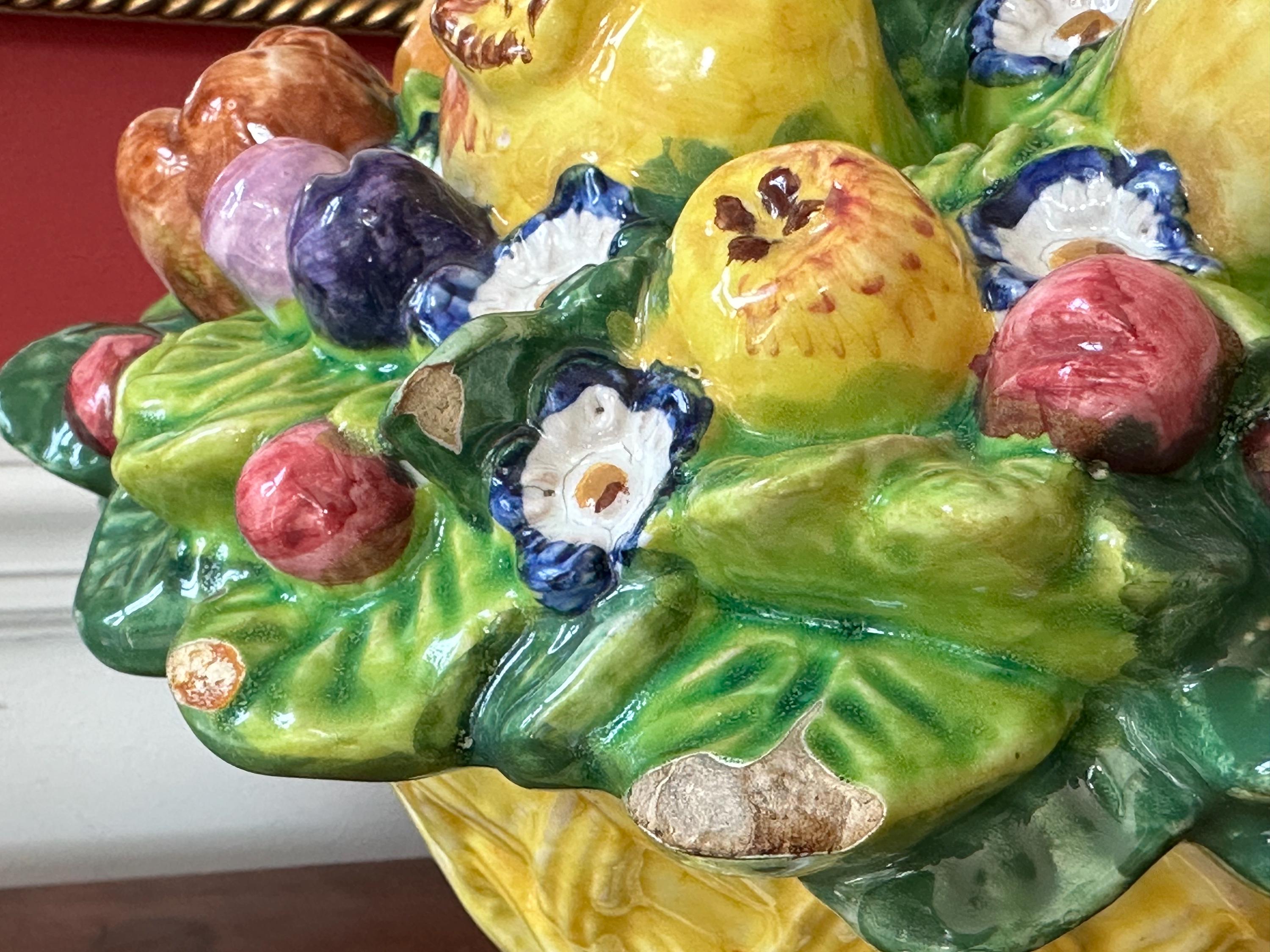 Antique Italian Majolica Fruit and Forget-me-not Flowers in Basket