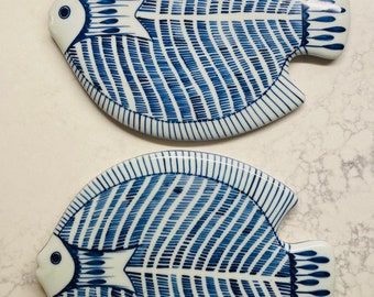 Pair Hand Painted Blue and White Ceramic Fish Trivets