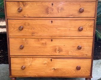 Fine Mid 19thC Cherry Wood Chest With Black Walnut Knobs and Turned Feet