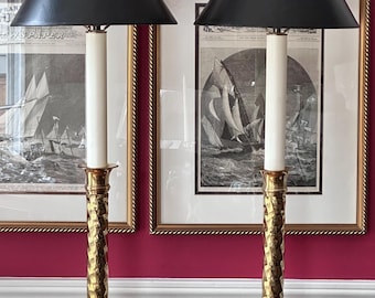 Vintage Brass Candlestick Lamps With Black Lampshades, a Pair
