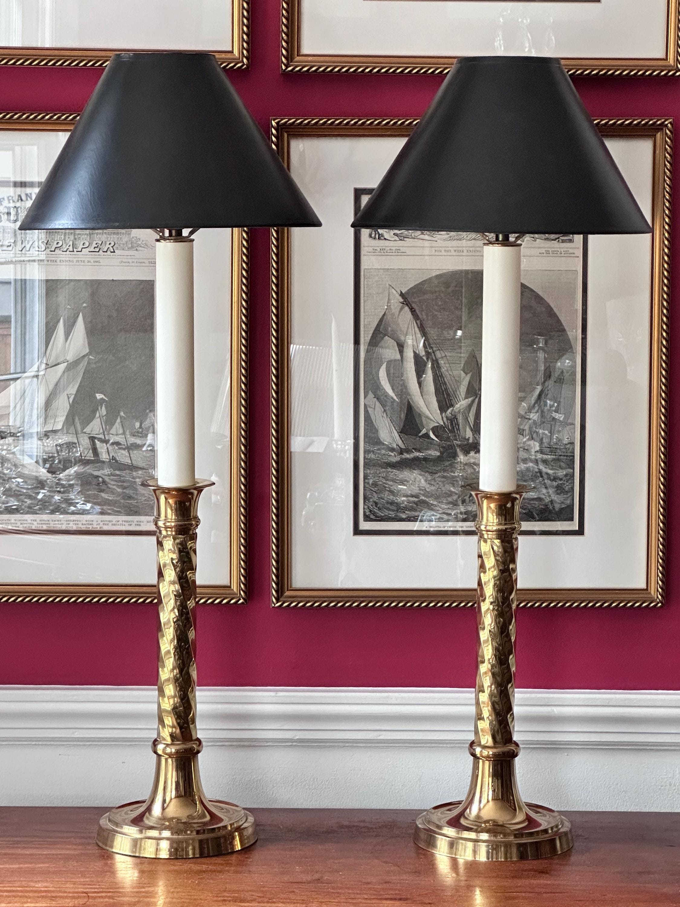 ケリーのランプ Vintage Brass Candlestick Lamps With Black Lampshades, a