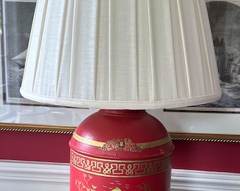 Vintage Red Tole Chinoiserie Tea Canister Lamp in the Style of John Rosselli