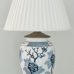 Vintage Chinese Dark Blue & White Chinoiserie Porcelain Table Lamp  Wood Base and Silk Shade