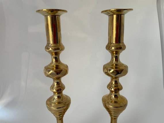 Pair 12 Diamond and Beehive Push-up Brass Candlesticks, England, 19th C. -   Canada
