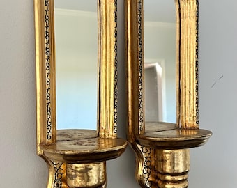 Vintage Italian Giltwood Mirrored Sconces Hand Carved Pair