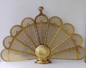 Brass Fanning Fireplace Screen Peacock Style with Sea Shell Base, Vintage Home Decor