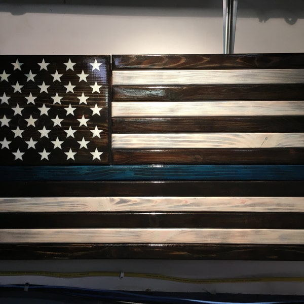 Wood American Flag with Gun Concealment THIN BLUE LINE