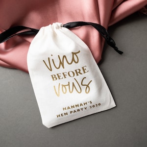 Personalisierte VINO VOR VOWS Baumwolle Bachelorette Geschenktasche, Junggesellinnenabschied Geschenktasche, Vino Survival Kit, Hangover Kit