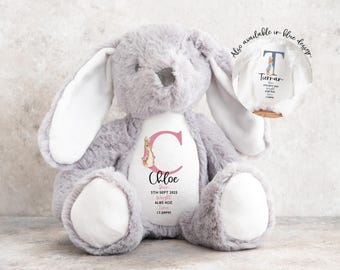 Personalised Flopsy Initial Bunny - New Baby Stats Gift - Personalised Soft Toy- Baby Girl - Baby Boy - Newborn Gift - Teddy - New Parents
