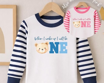 Pigiama personalizzato per il primo compleanno - Tutina per il primo compleanno con orsetto - Primo compleanno del bambino - Pigiama "Quando mi sveglio", tema orsetto