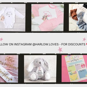 The image is a collage of six different images, including a baby onesie, a pink and white striped shirt, a pink and white striped blanket, a stuffed rabbit, a pink and white striped shirt, and a pink and white striped blanket.