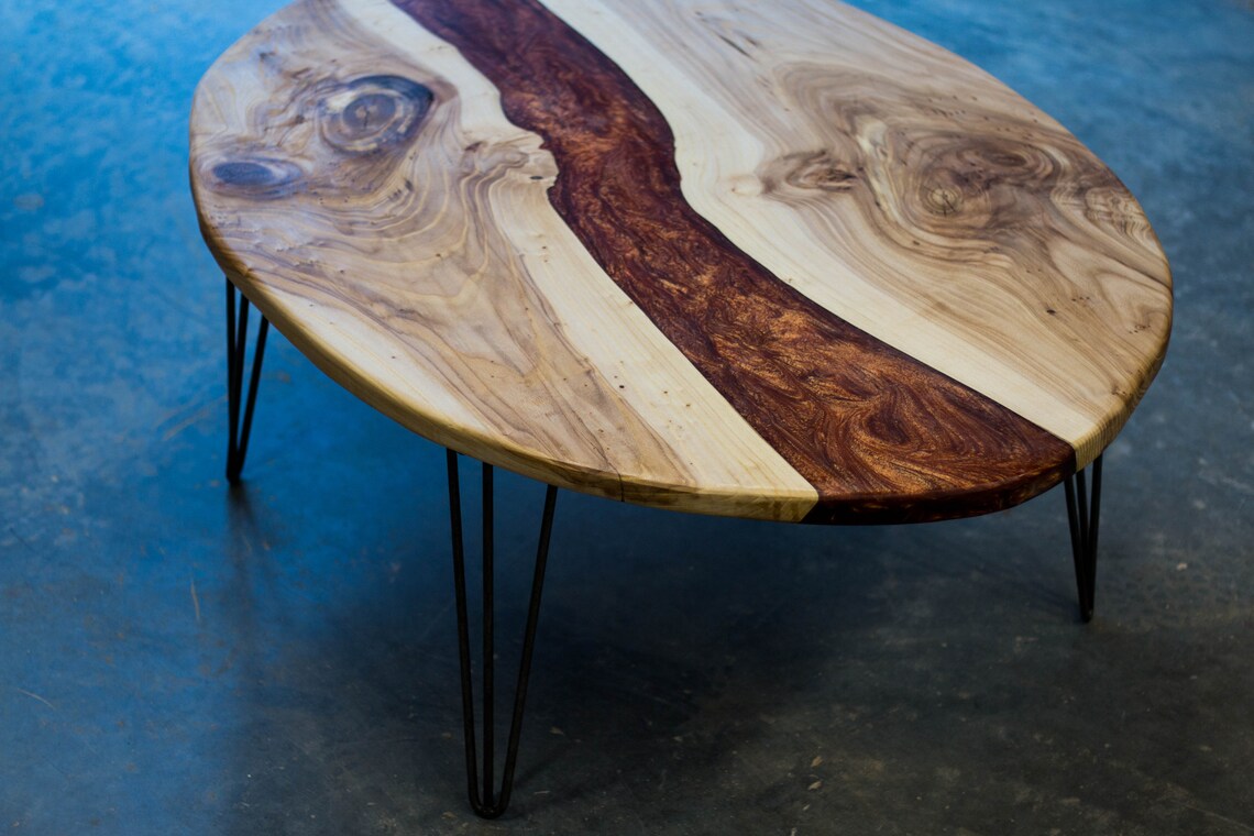 Reclaimed Elm Epoxy River Table, Hairpin Legs Unique Sustainable Home