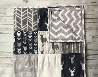 Woodland Baby Quilt, Gray Blue Deer Blanket, Cotton Crib Bedding